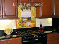 window backsplash of vineyard and sunflowers