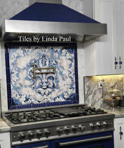 blue kitchen fleur de lis tiles